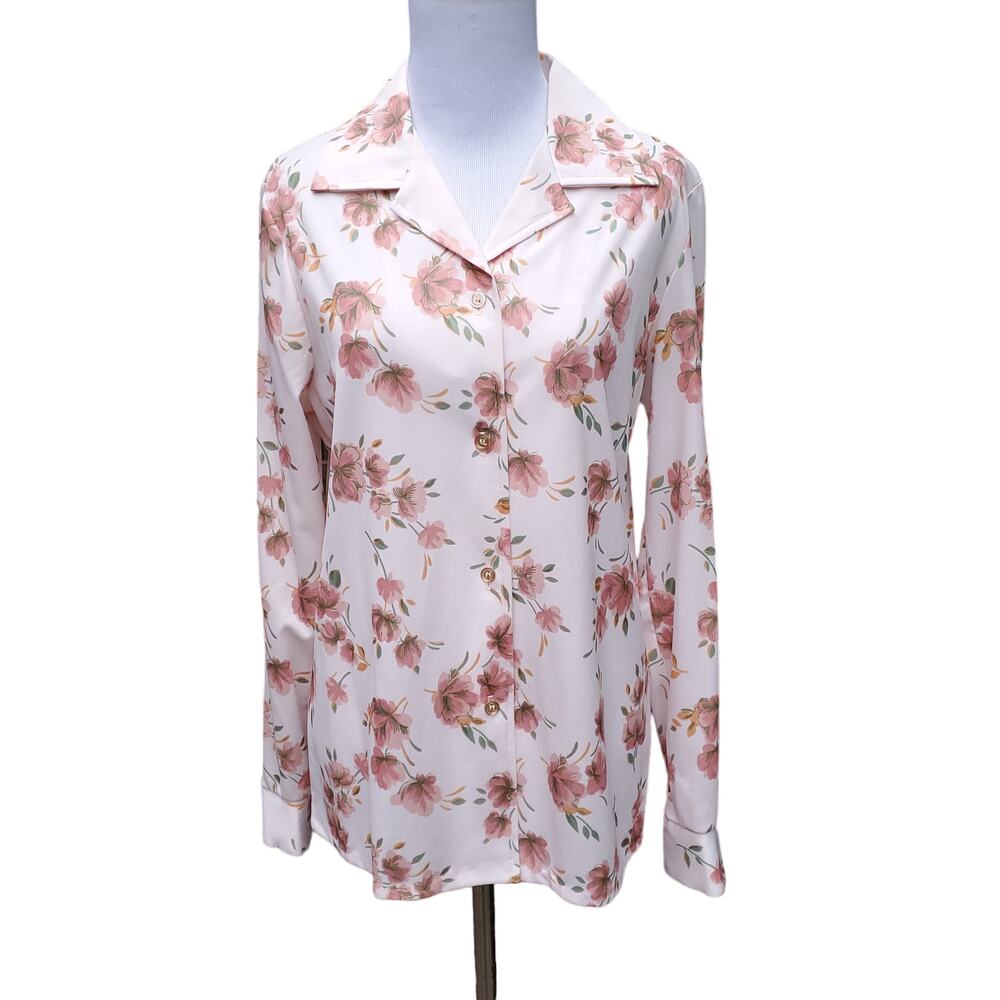 Vintage Button Down Blouse Top Polyester  Pink Floral Fits a Medium